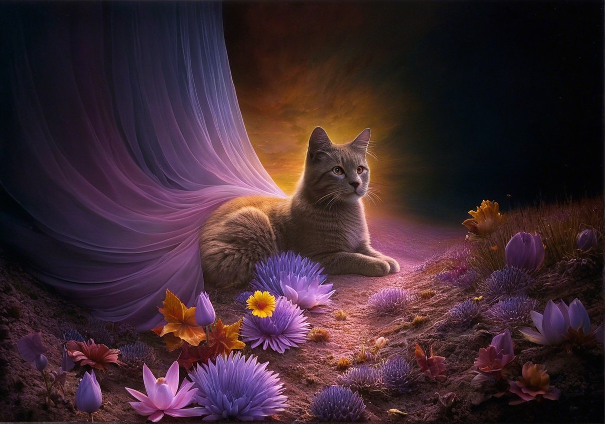 Cat Among Vibrant Flowers in Dreamlike Landscape