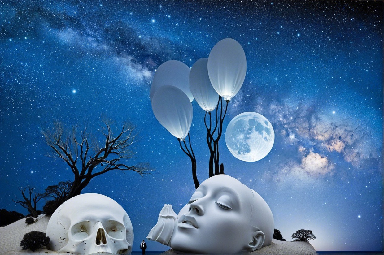 Surreal Landscape with Moon, Sculptures, and Balloons