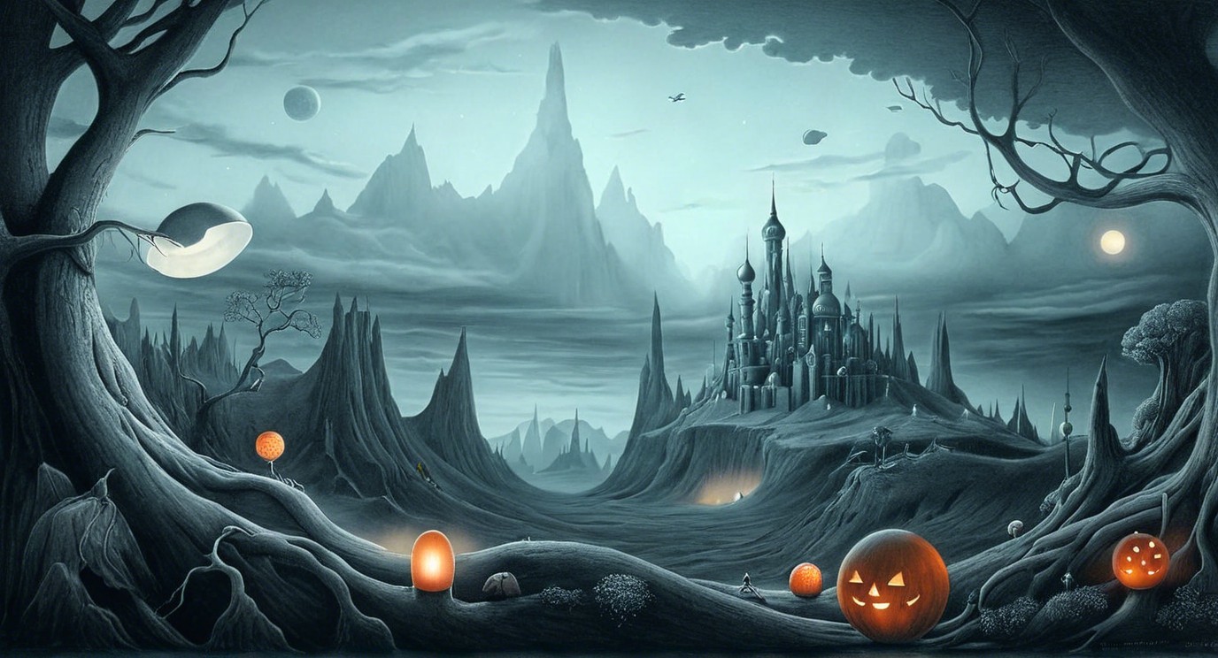 Whimsical Halloween Landscape with Eerie Castle and Pumpkins