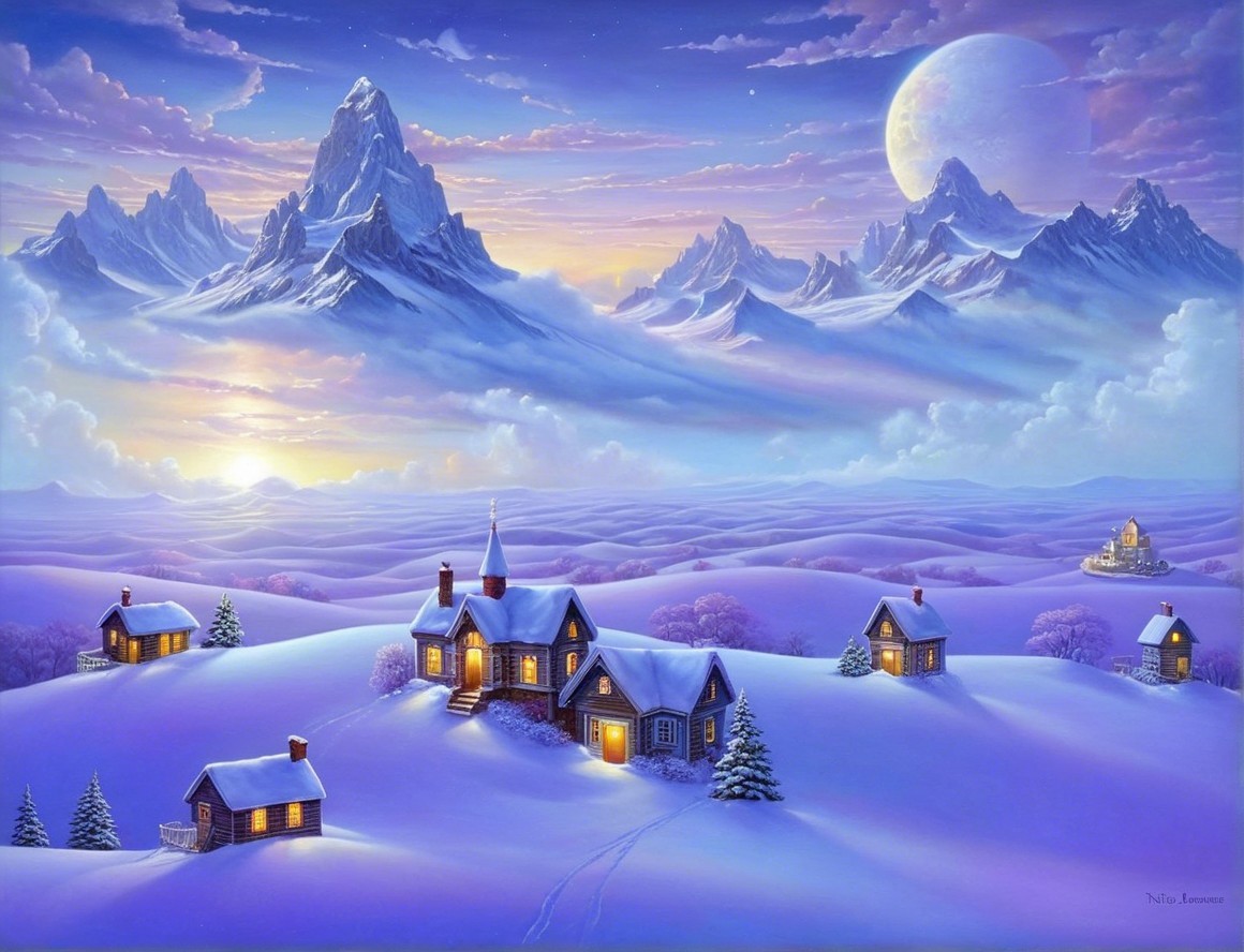 Serene Winter Landscape with Cottages and Mountains