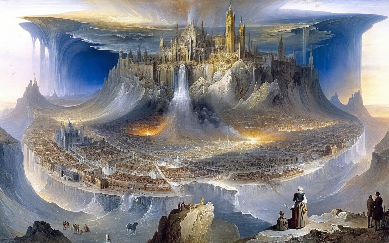 Fantasy Landscape with City, Waterfalls, and Cliffs