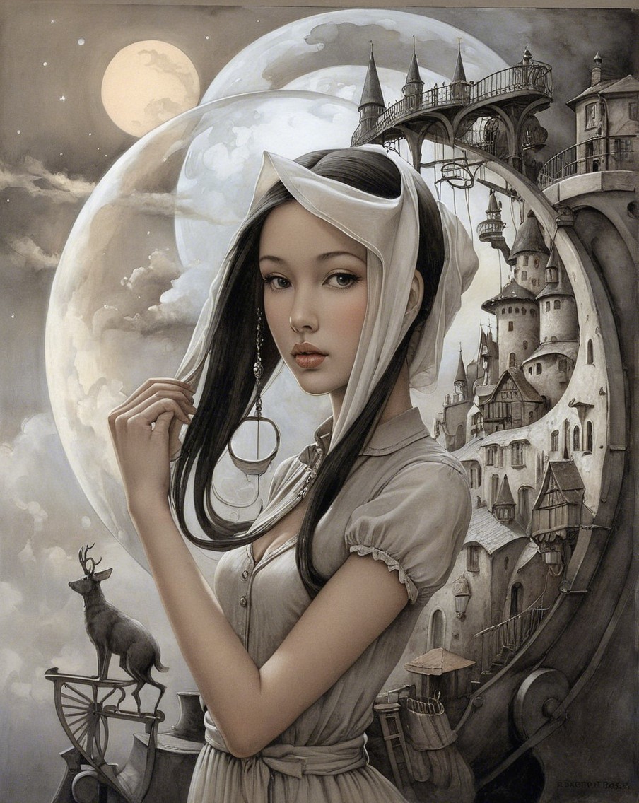 Young woman in gray dress with moons and deer backdrop