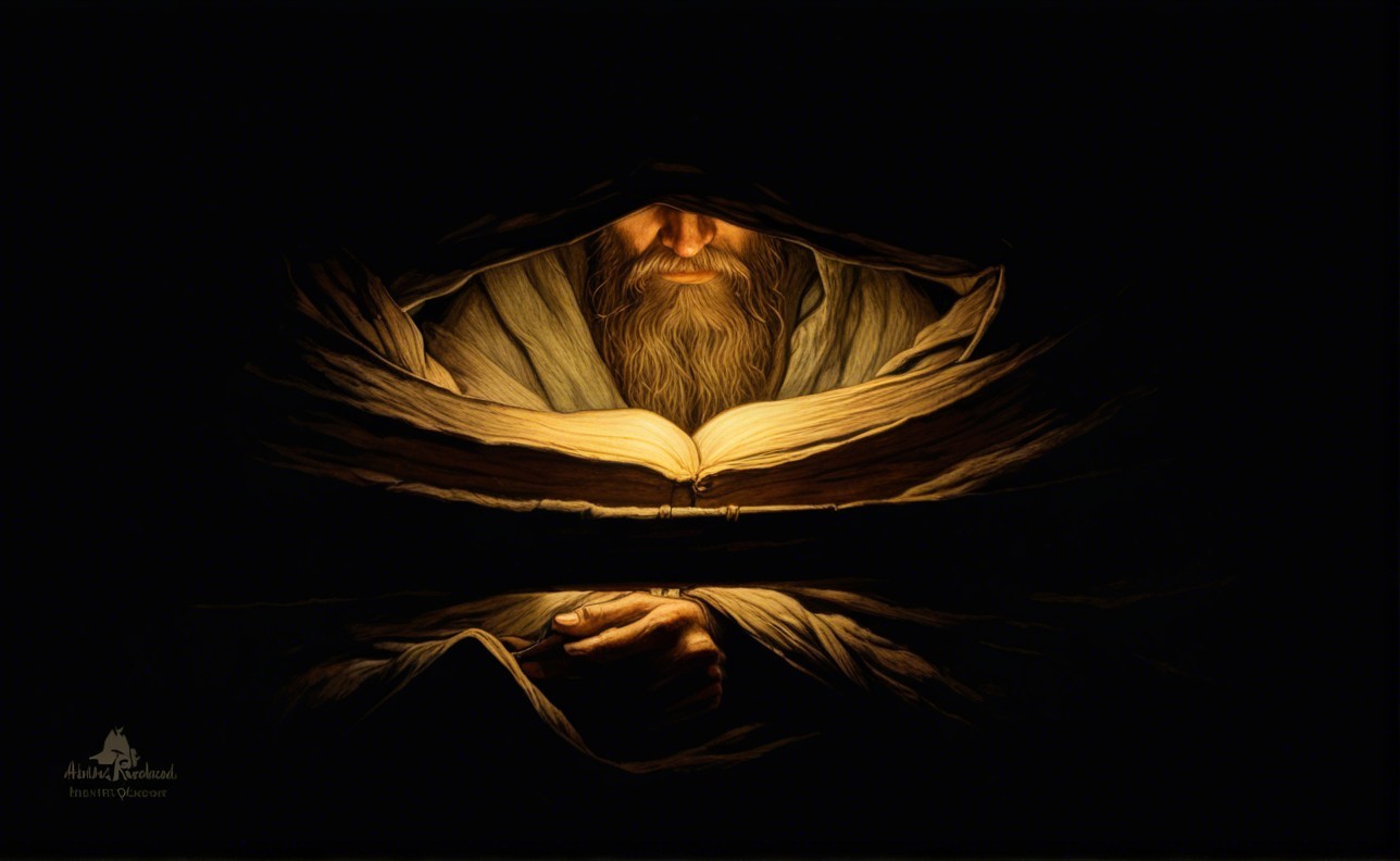 Mysterious Figure with Ancient Book in Shadows