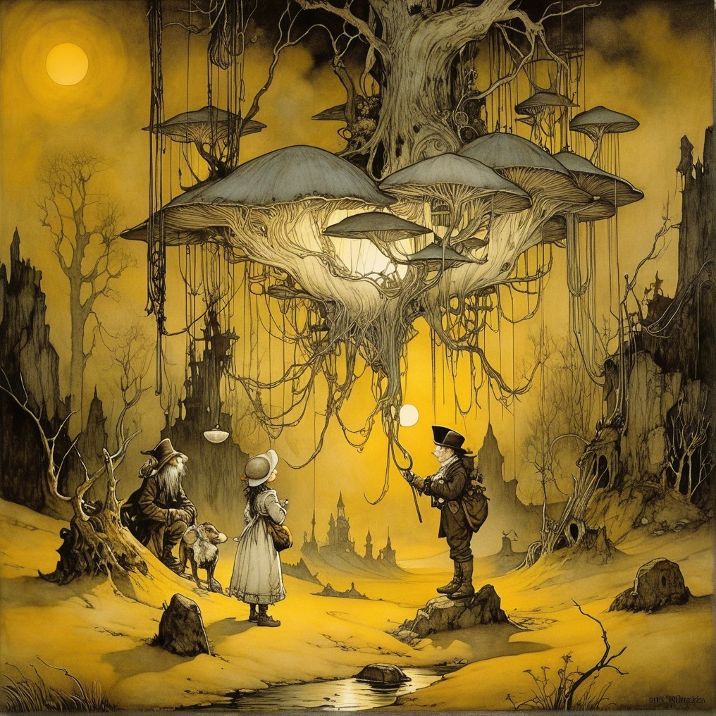 Whimsical Landscape with Mushrooms and Two Suns