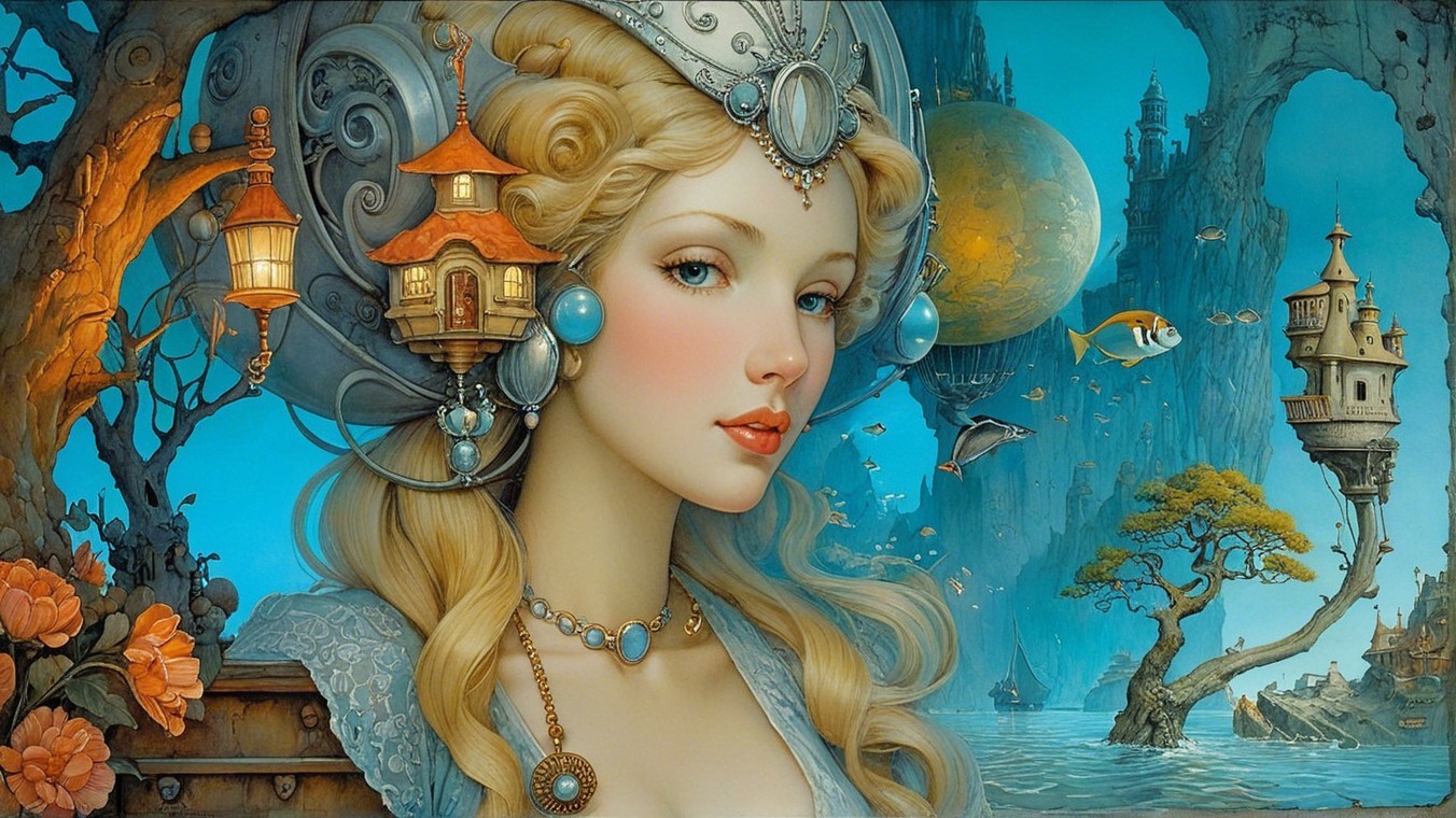 Fantasy Scene with Young Woman and Whimsical Landscape