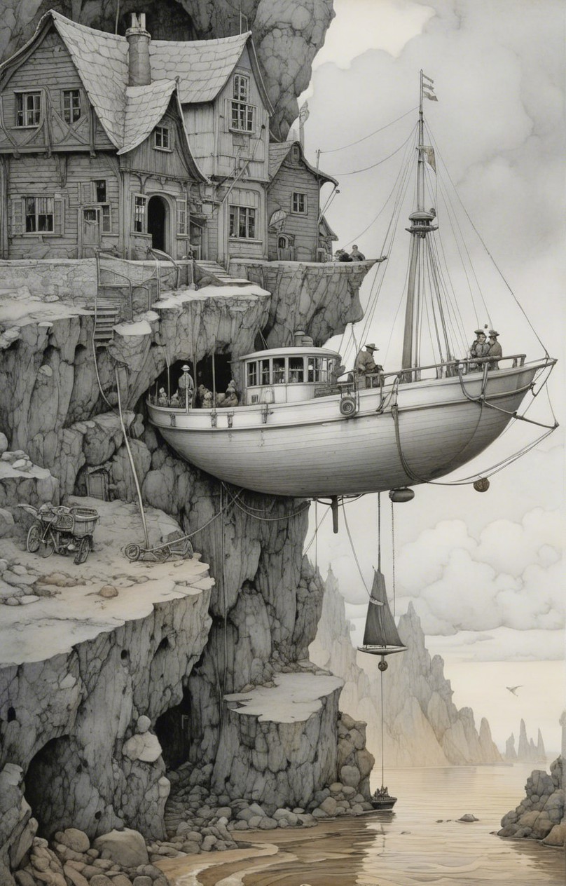 Whimsical Cliffside House with Floating Boat and Bicycle
