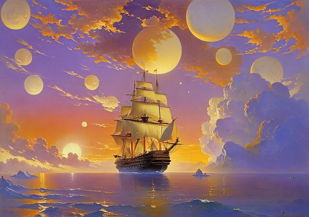 Majestic sailing ship on calm waters at twilight