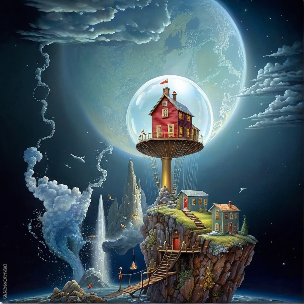 Whimsical Red House on Floating Rock with Waterfalls