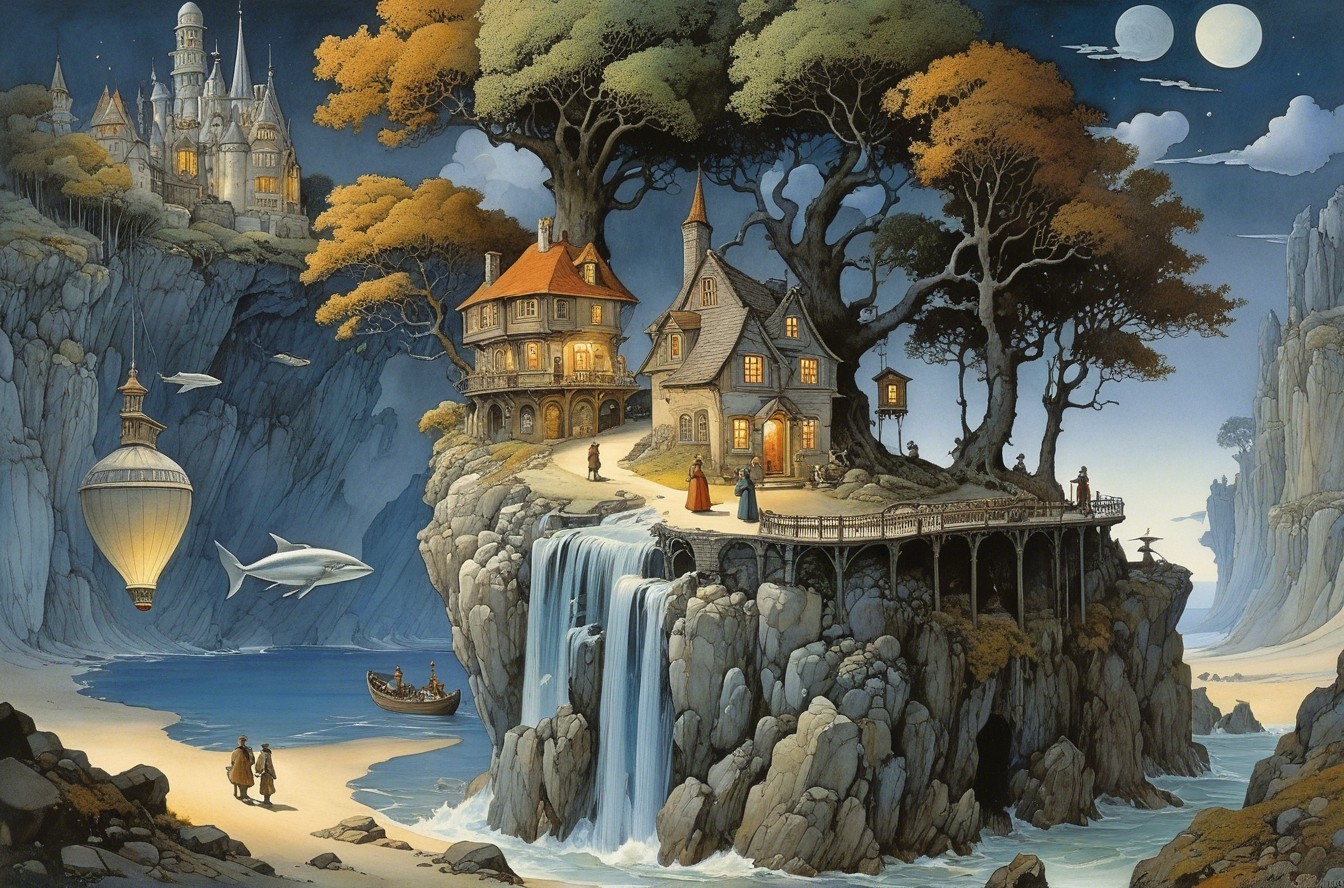 Magical Cliffside Village at Dusk with Fantasy Houses