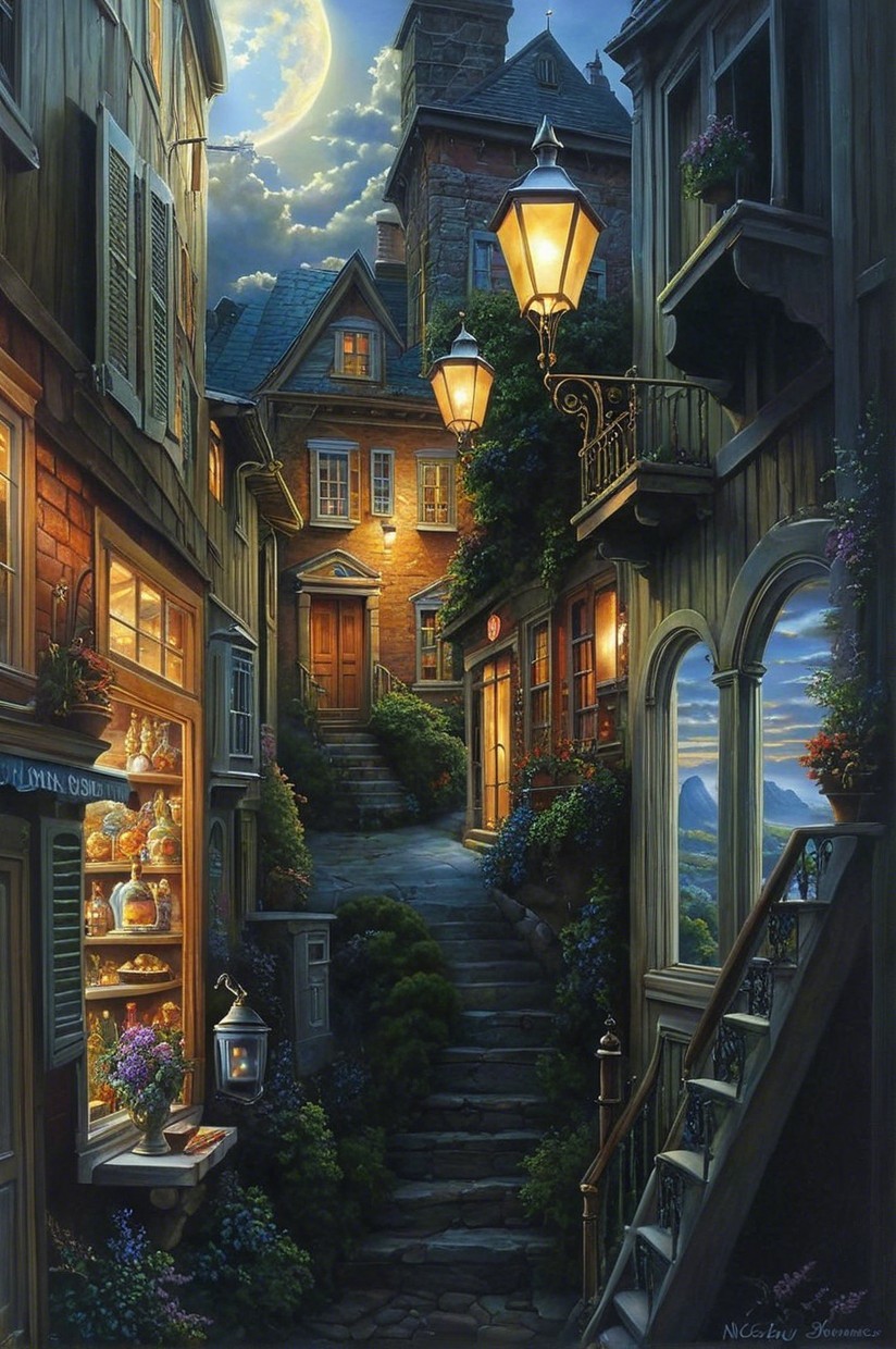 Charming Cobblestone Alleyway with Vintage Street Lamps