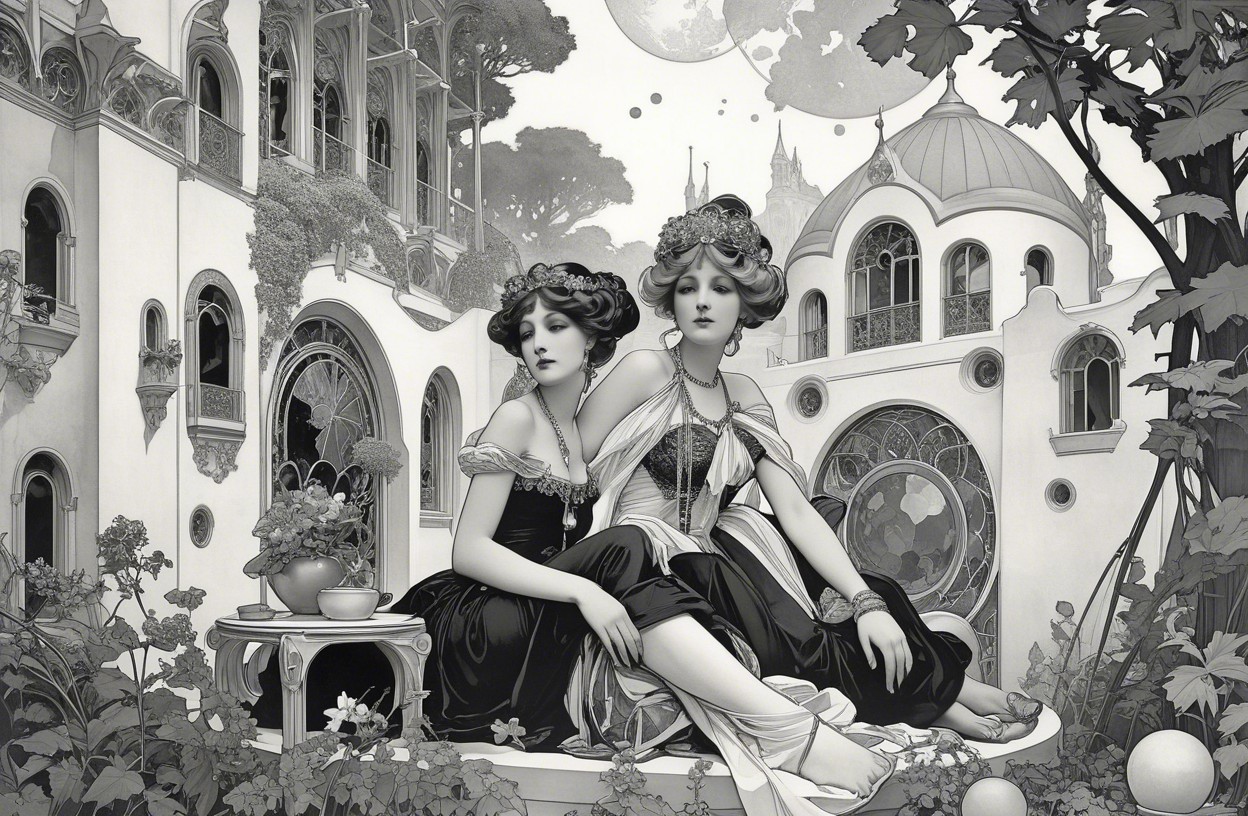 Elegant Women in Art Nouveau Courtyard Setting