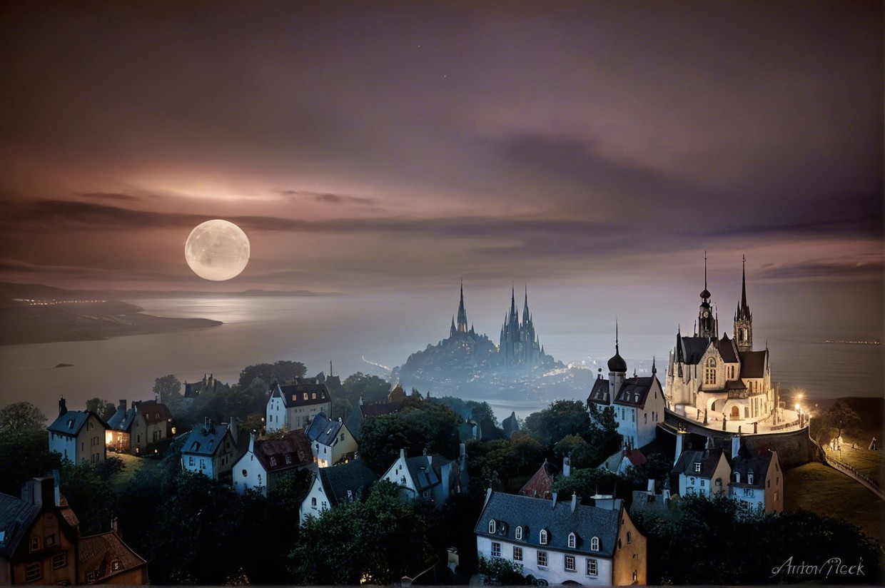 Mystical Castle in Fantasy Landscape Under Full Moon