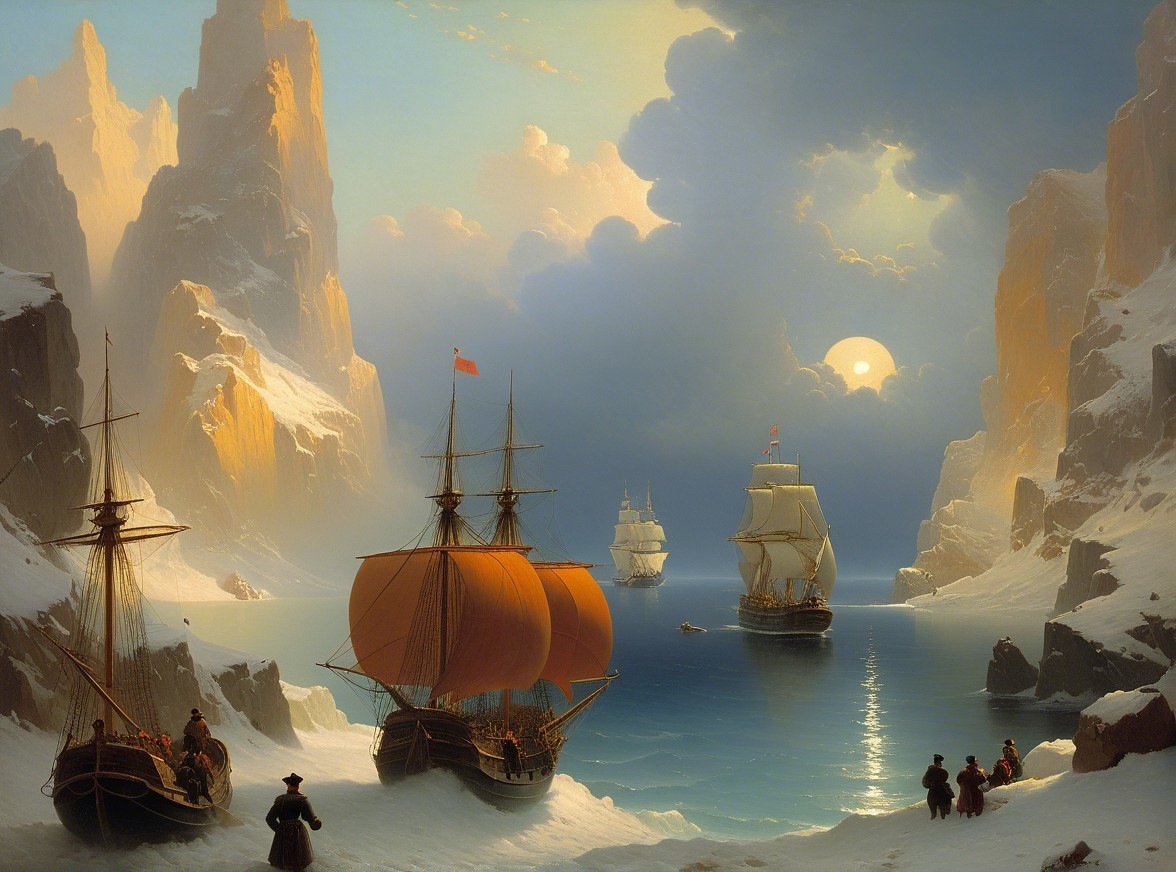 Icy Landscape with Sailing Ships at Sunset