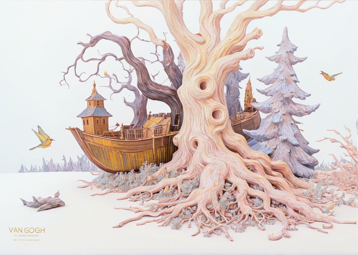 Whimsical Scene with Carved Tree and Fantasy Elements