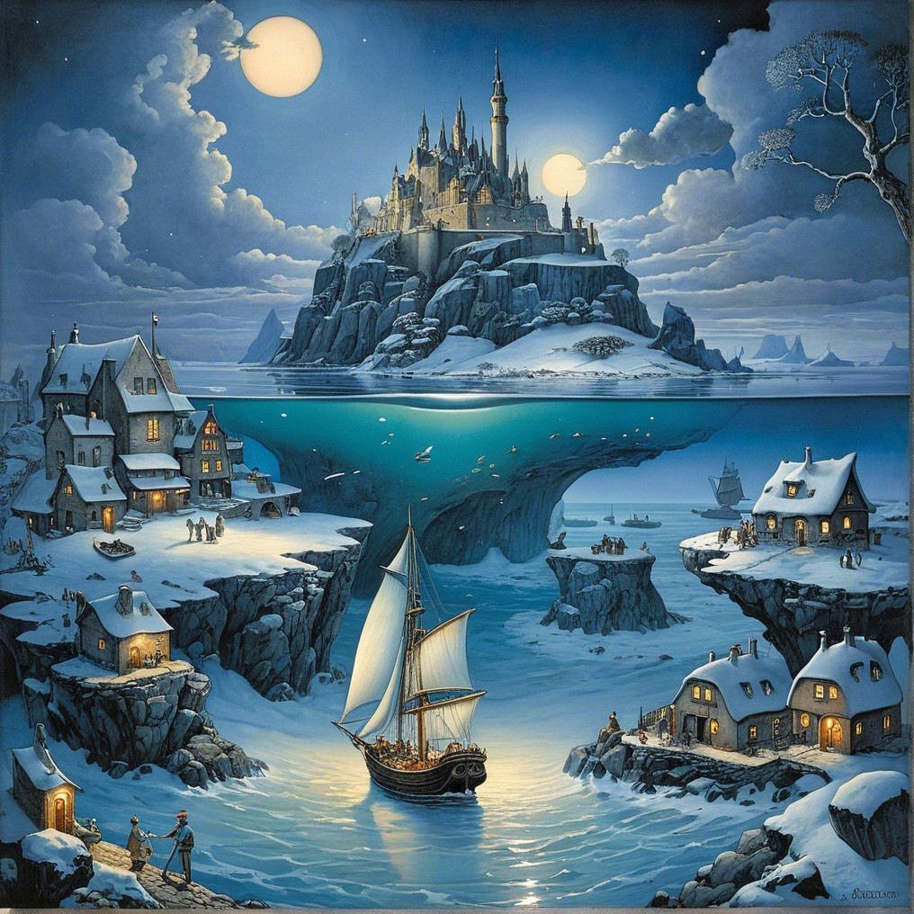 Magical Winter Scene with Castle and Tranquil Sea