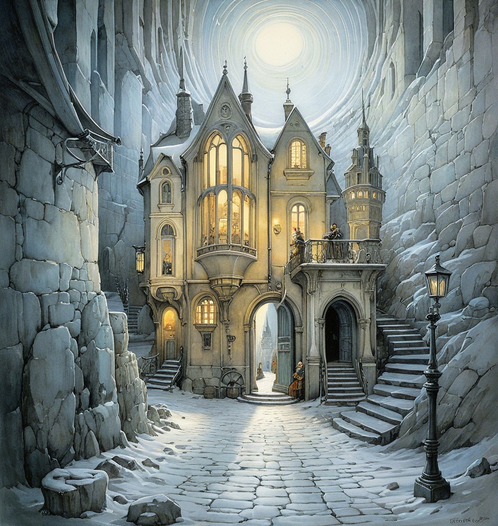 Fairy-tale structure in a snowy cobblestone alley