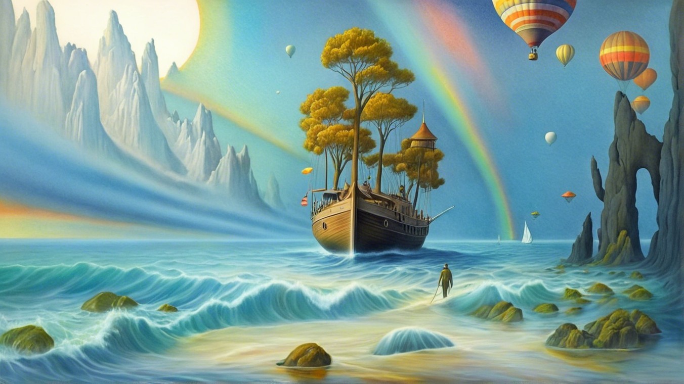 Surreal Landscape with Ship and Vibrant Nature Elements