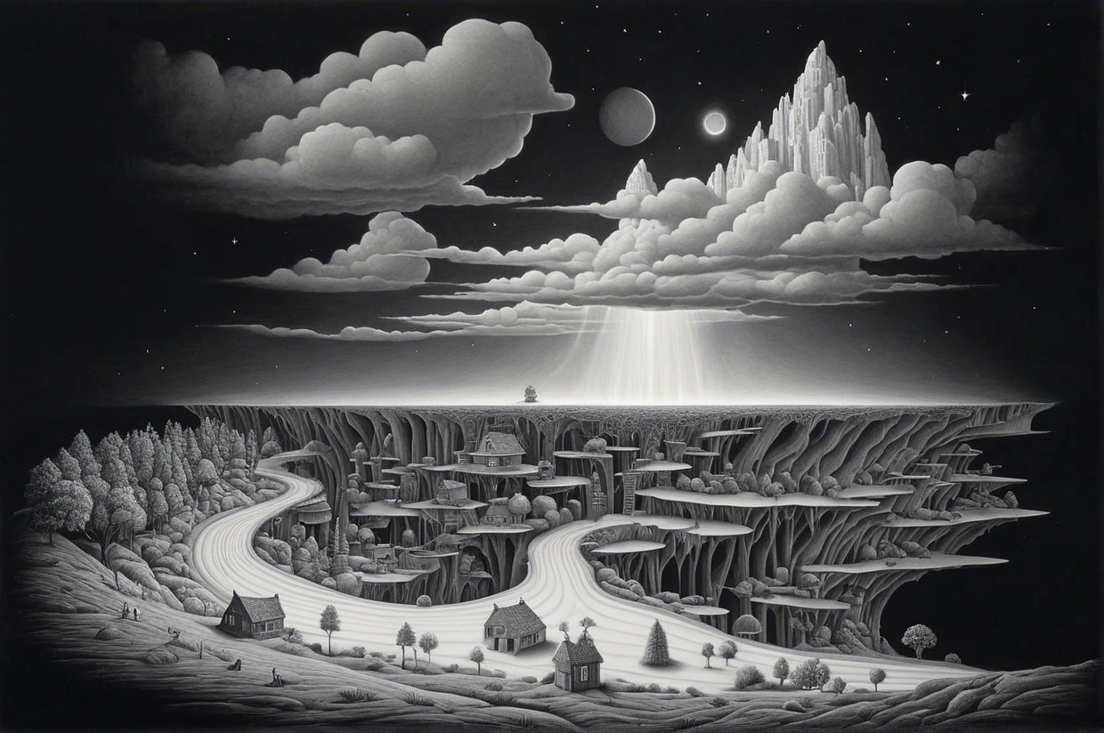 Surreal Landscape with Winding Road and Luminous Mountain