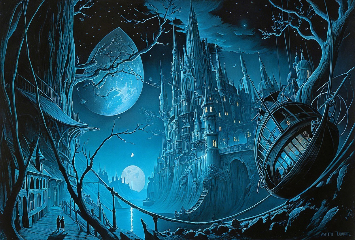 Moonlit Gothic Castle Landscape with Serene Waterway