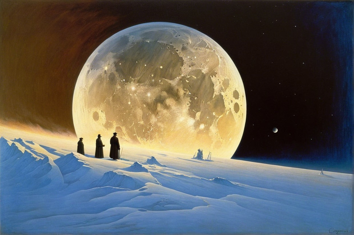 Surreal Landscape with Luminous Moon and Silhouettes