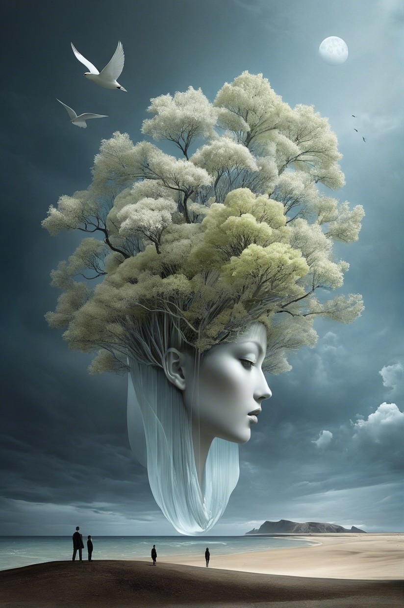 Surreal landscape with giant fabric face and trees