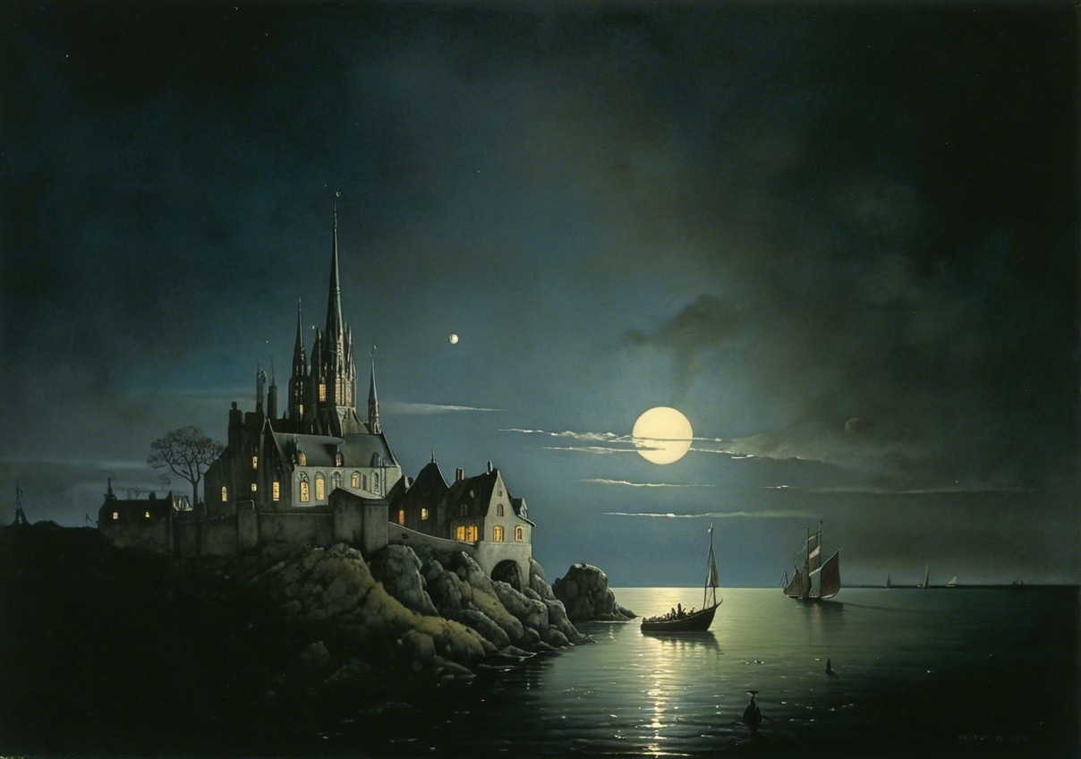 Majestic Castle on Cliffs Under Full Moonlight