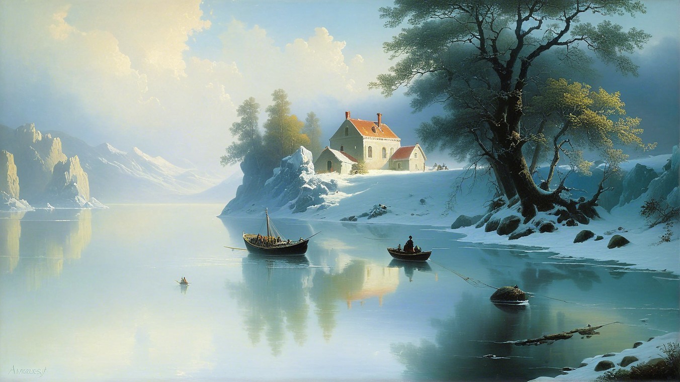 Winter Landscape with Snow-Covered Mountains and Cottage