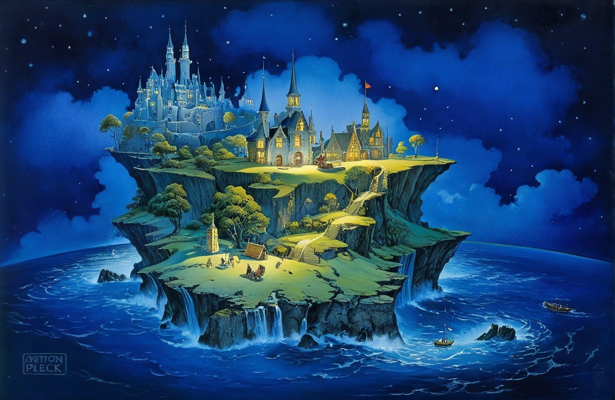 Magical Island Scene with Castle and Waterfall