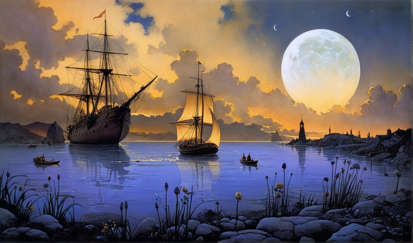 Twilight Scene with Ships and Full Moon Over Water