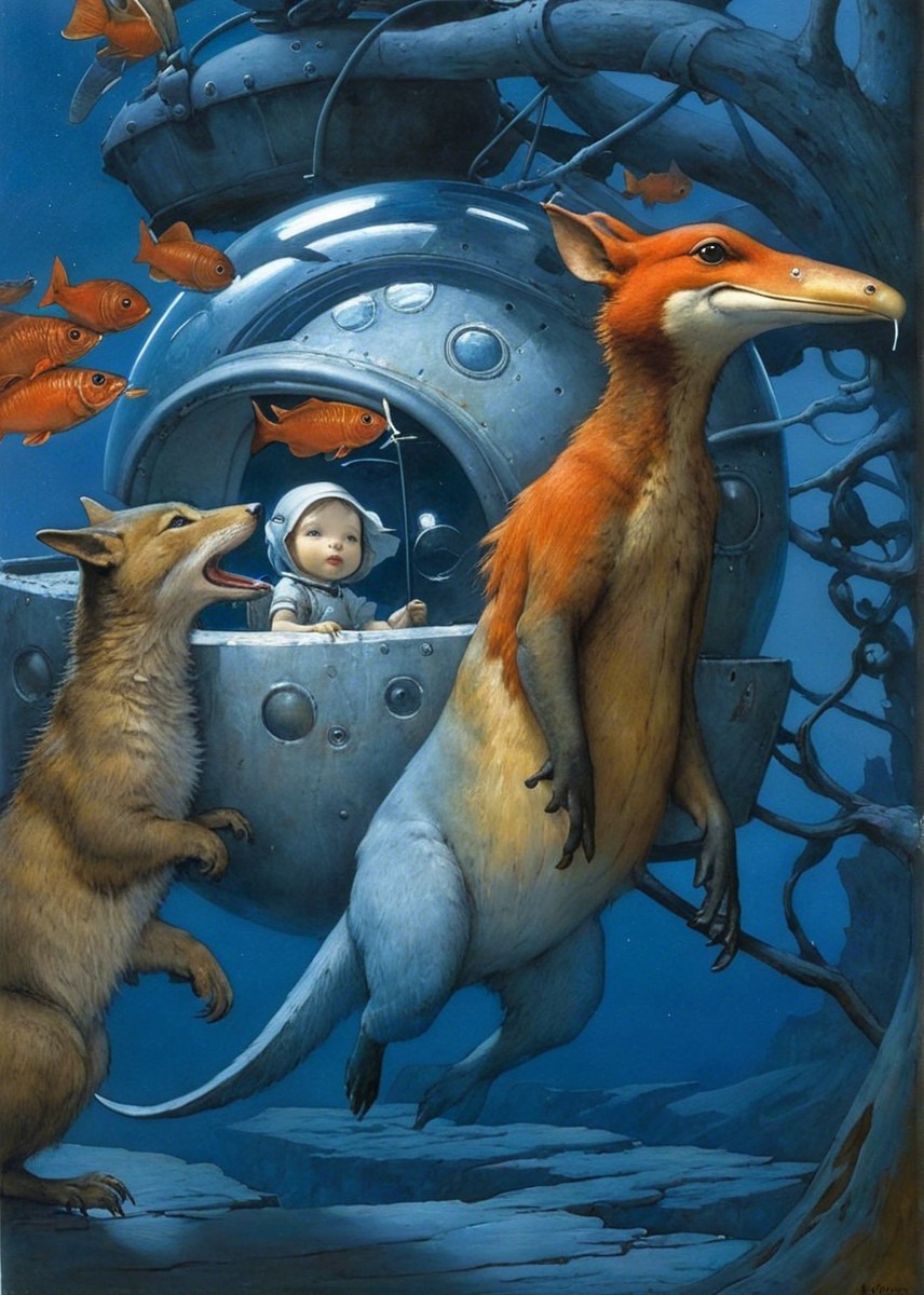 Surreal Underwater Scene with Child and Fantasy Creatures