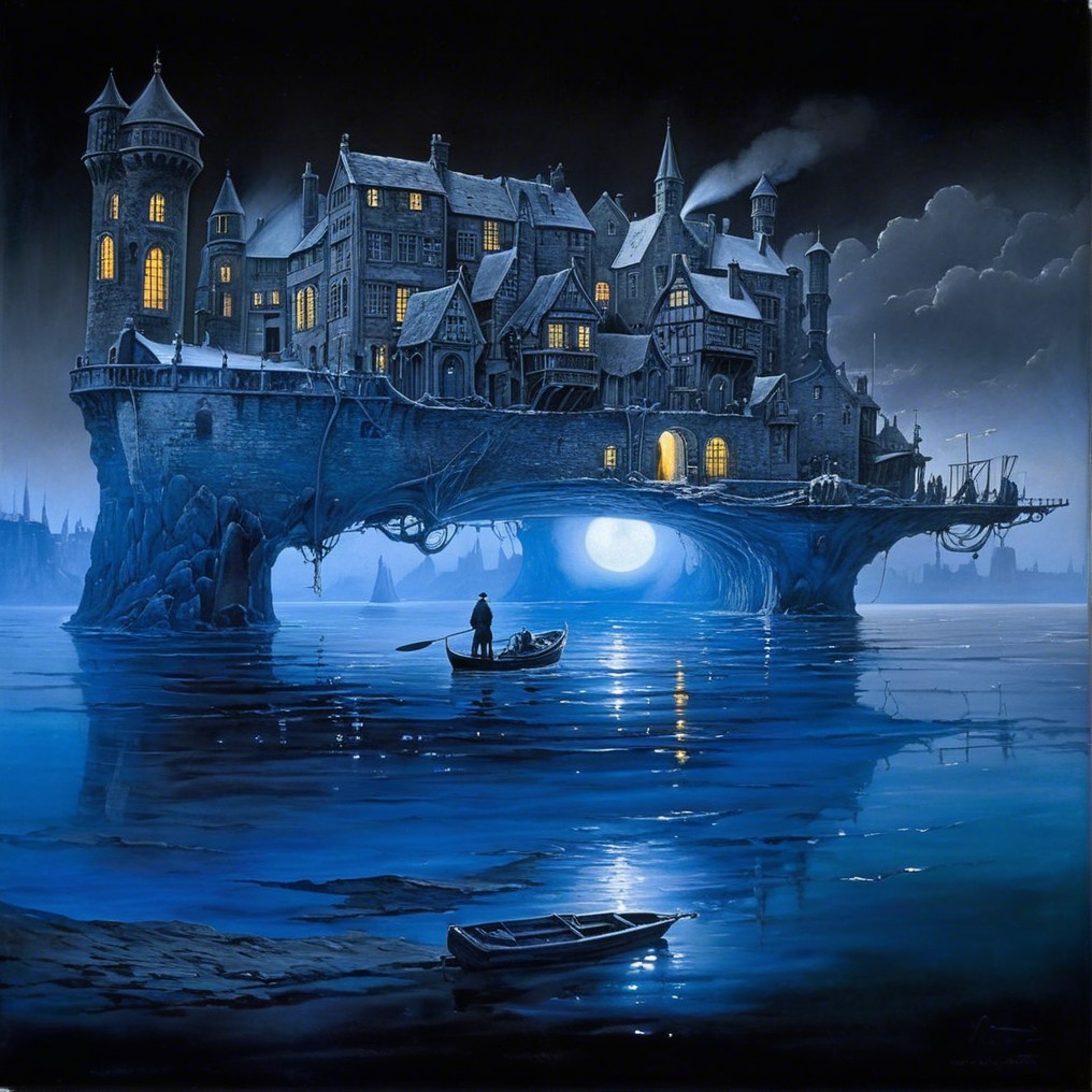 Mysterious Castle Over Dark Waters with Eerie Glow