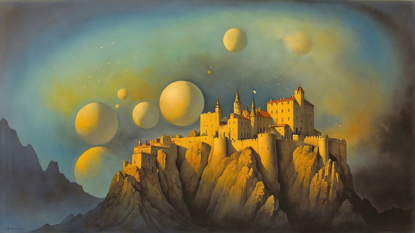 Surreal Castle Landscape with Celestial Bodies and Light