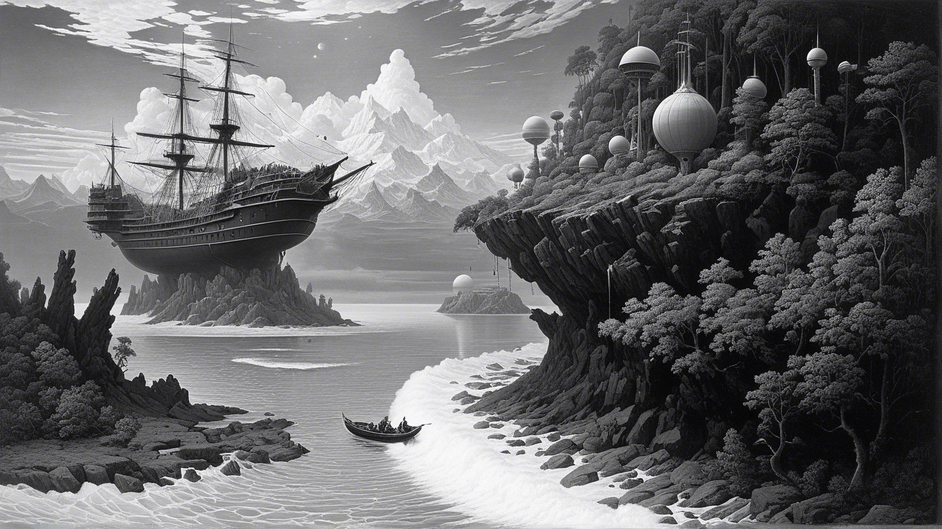 Majestic Ship Anchored by Mountains and Futuristic Spheres