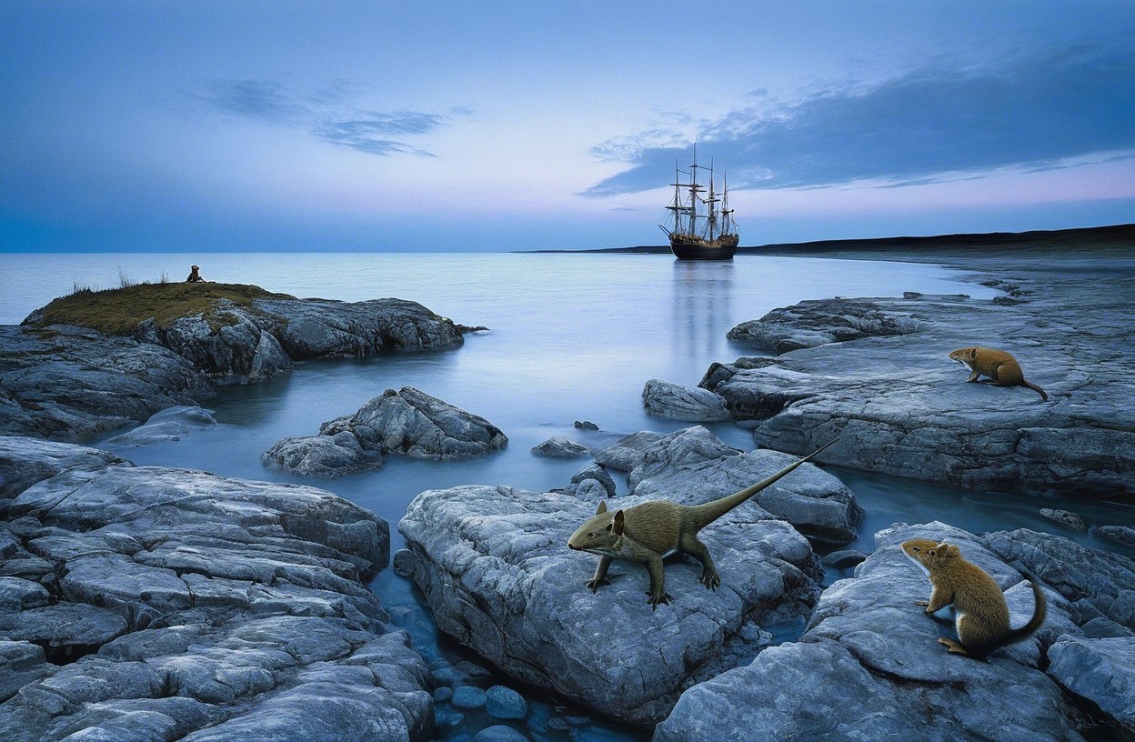 Twilight Scene with Ship and Ancient Creatures