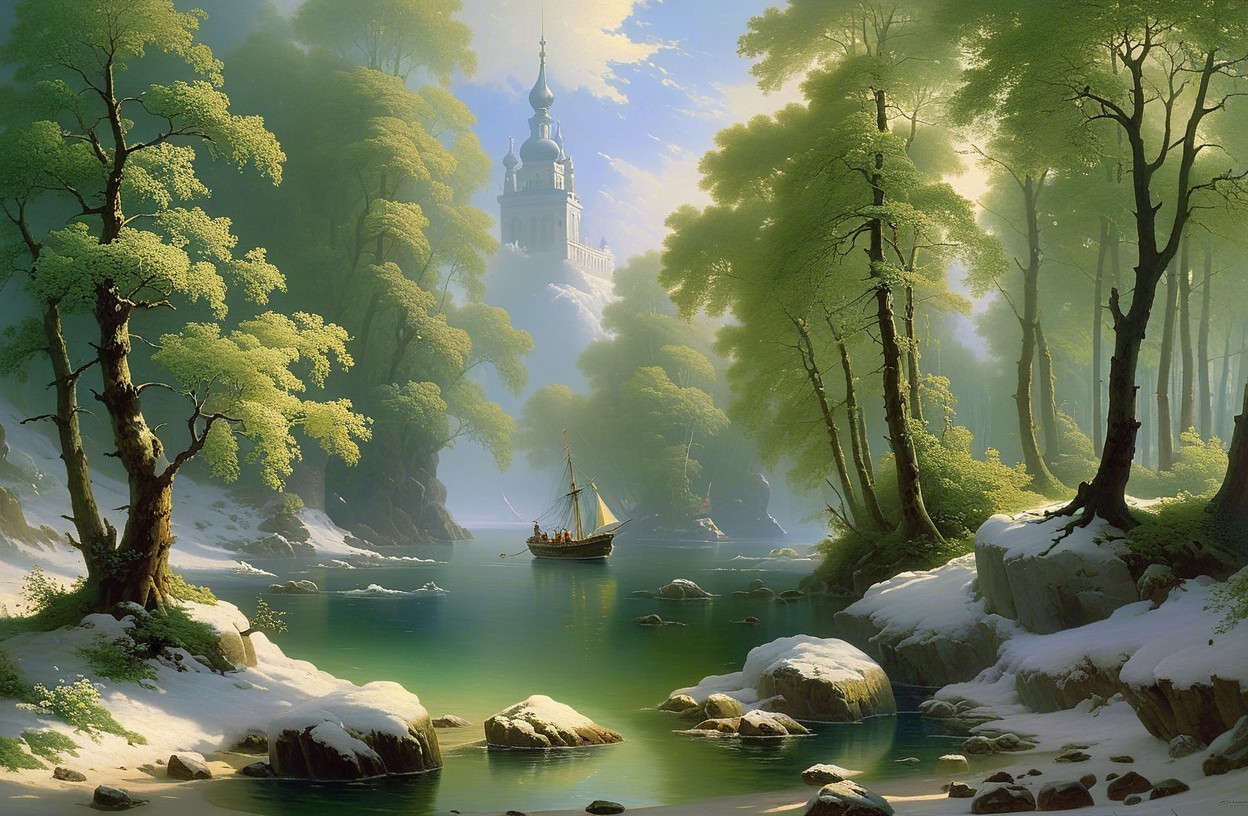 Serene landscape with river, trees, and mountains