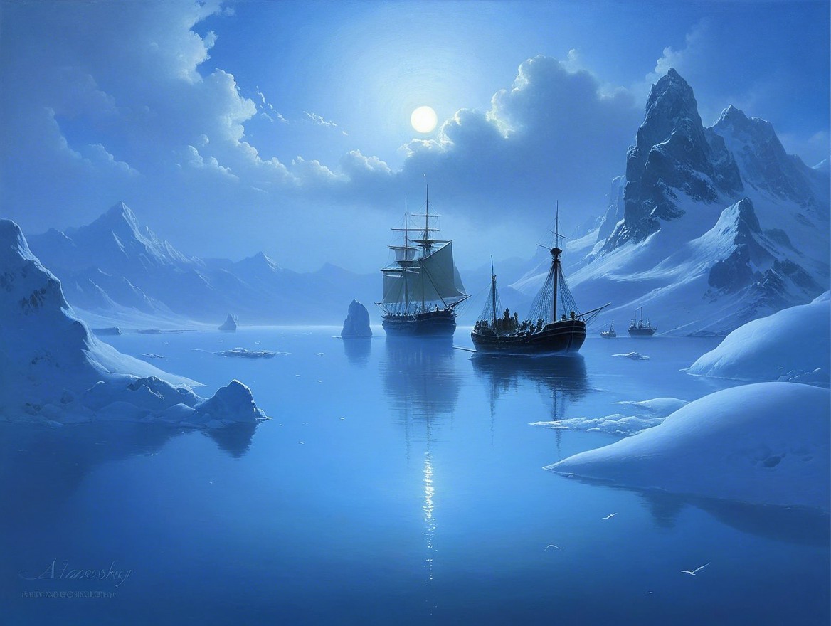 Winter Landscape with Ships in Icy Waters and Mountains
