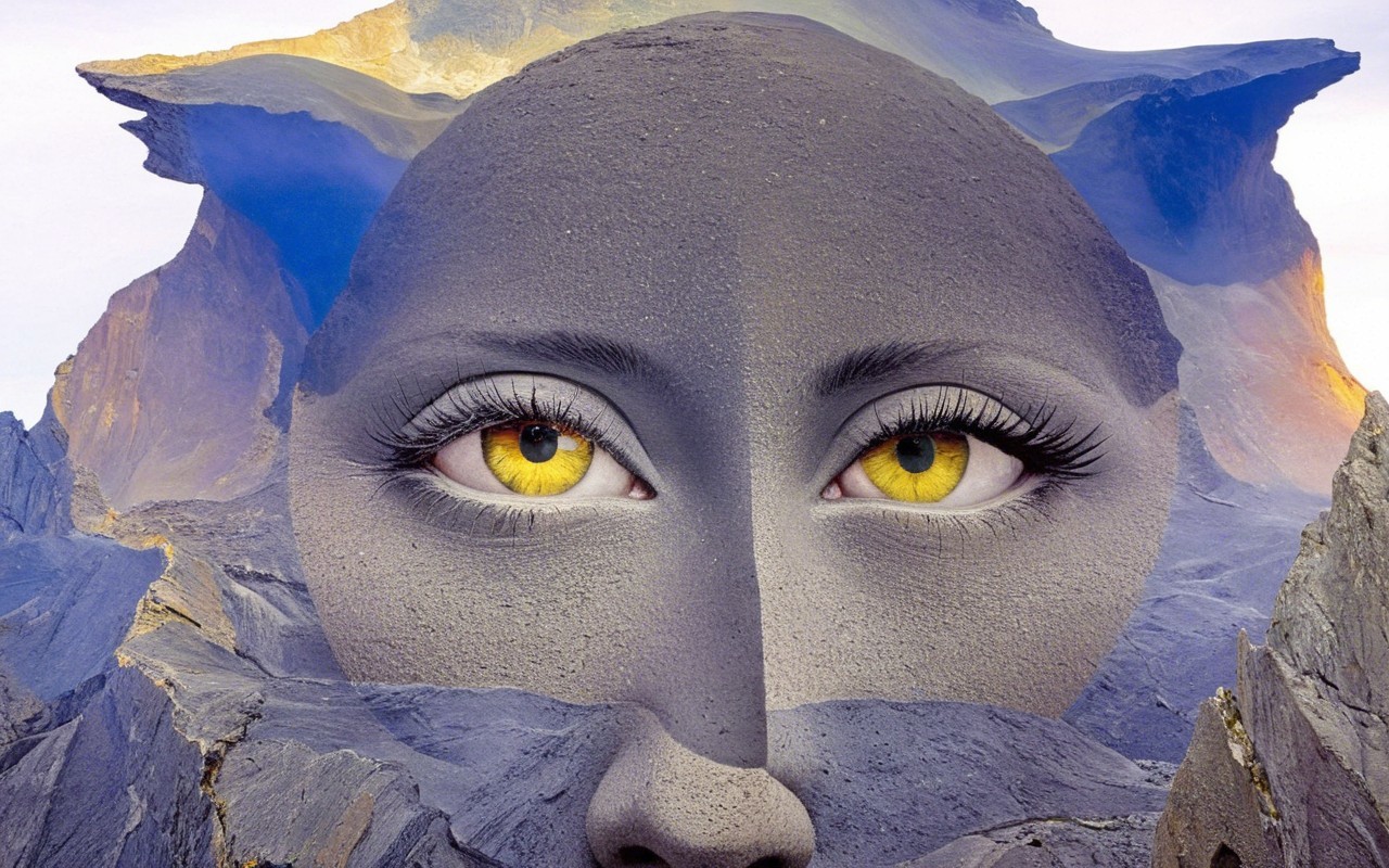 Surreal Landscape with Woman's Face in Mountains