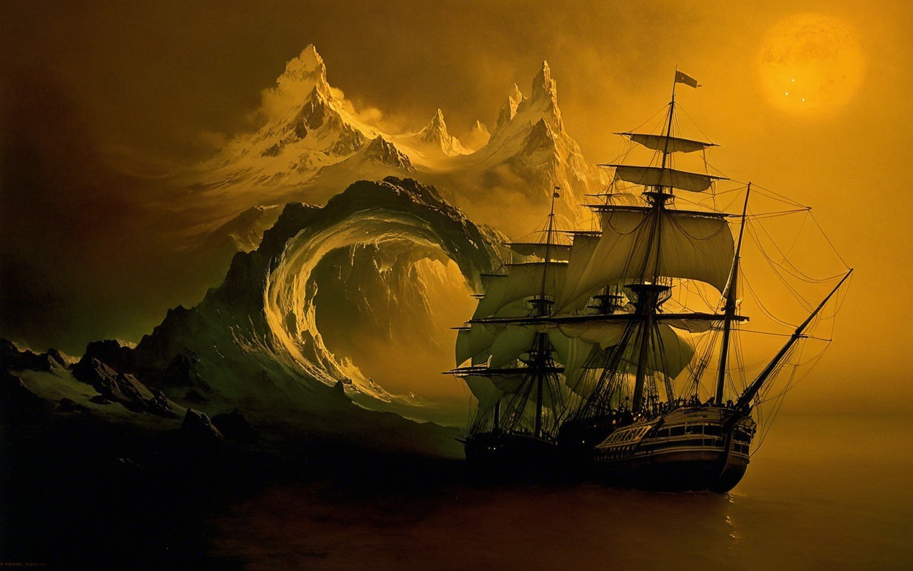 Tall Ship in Surreal Seascape with Dramatic Waves