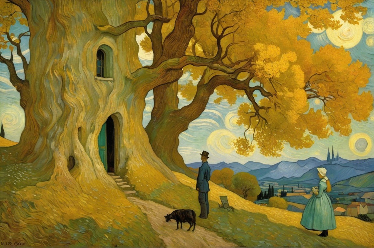 Golden-leaved tree with whimsical doorway in vibrant landscape