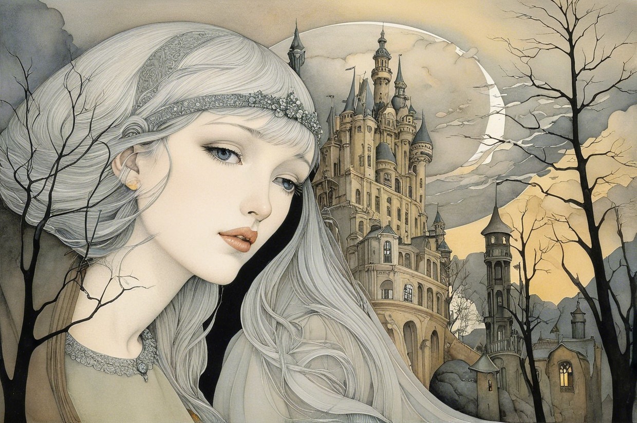 Ethereal Woman with Castle in Mystical Landscape