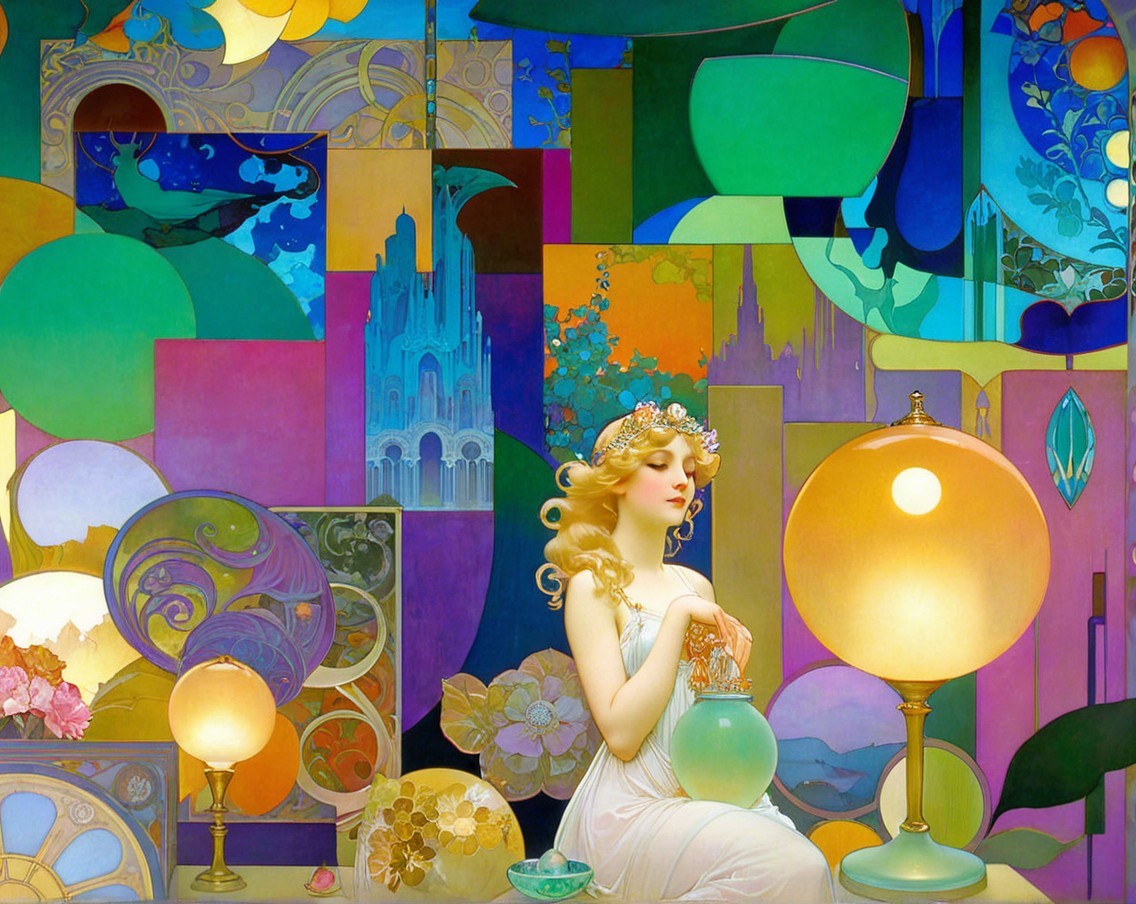 Art Nouveau Painting of Woman with Flowers and Vase