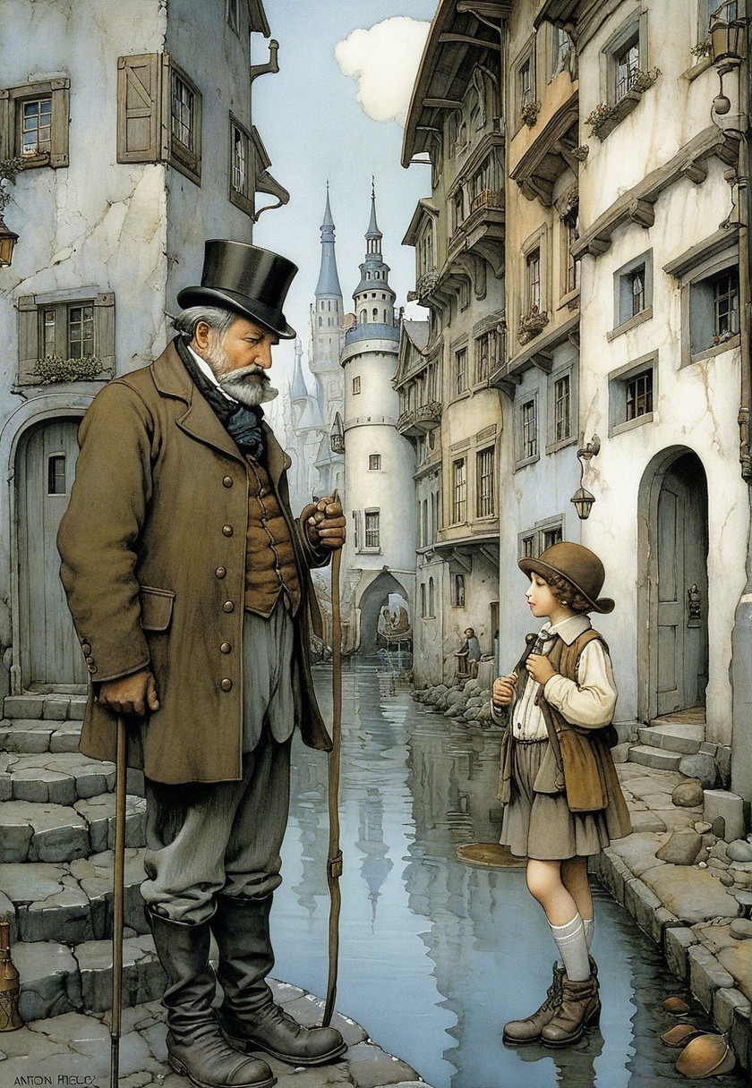 Elderly Man and Boy in Whimsical Storybook Setting