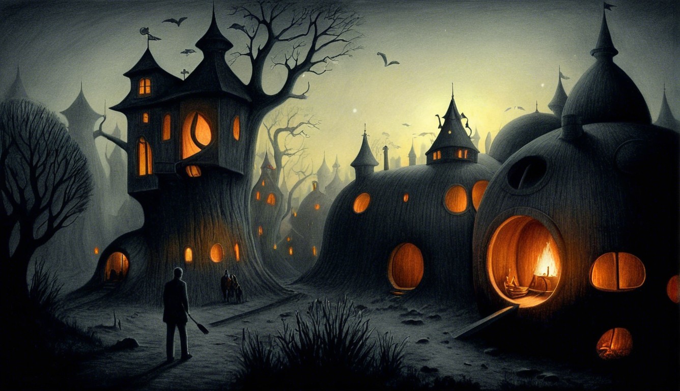 Whimsical Village with Peculiar Houses at Twilight