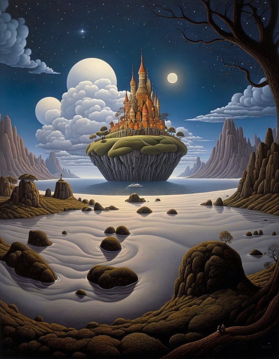 Majestic castle on a floating island with moons