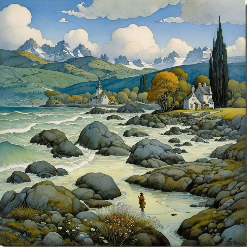 Serene Landscape with Hills, Mountains, and Coastline