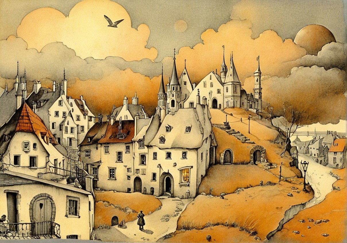 Quaint Village Scene Under Dramatic Sky and Warm Hues