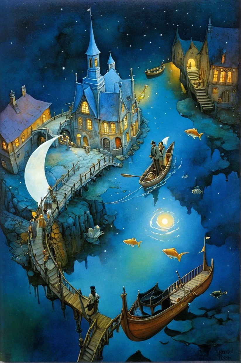 Whimsical Night Scene of Houses by Moonlit River