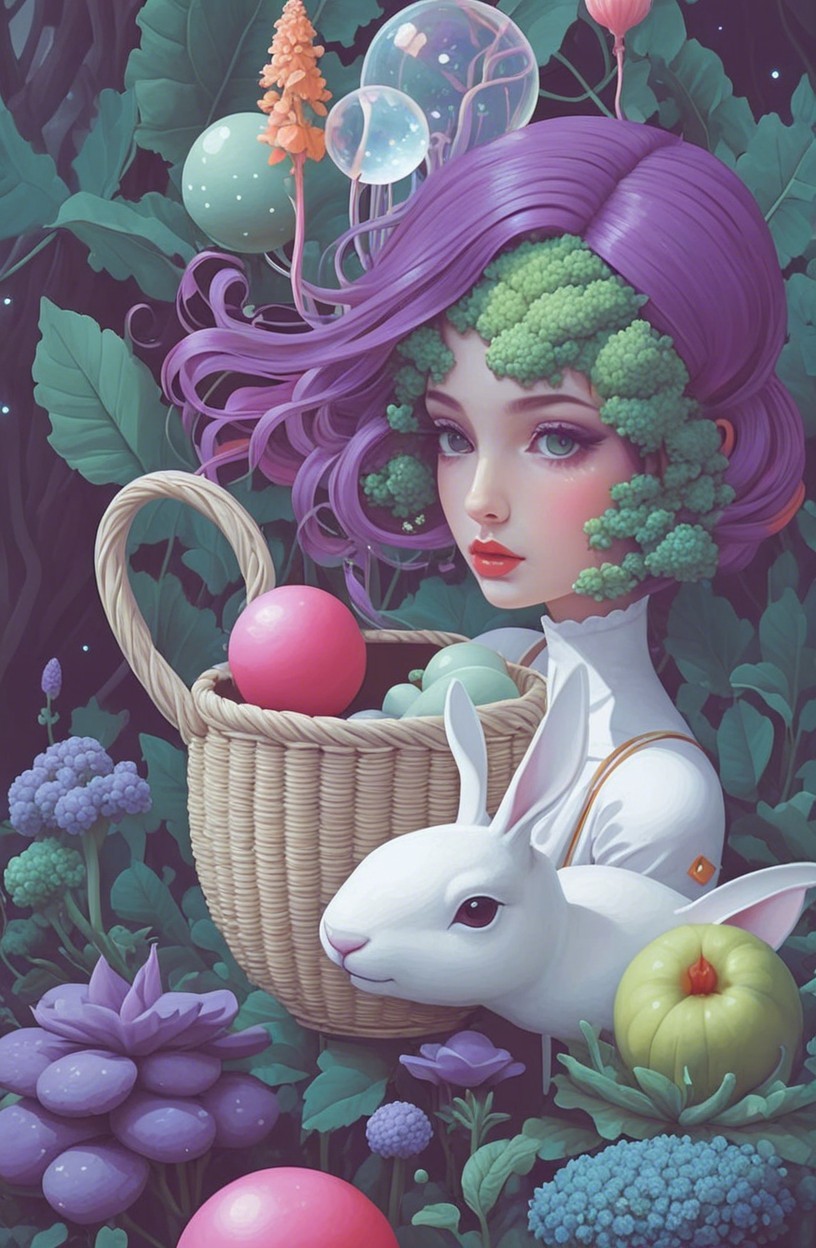 Whimsical Portrait of a Woman in a Fantastical Garden