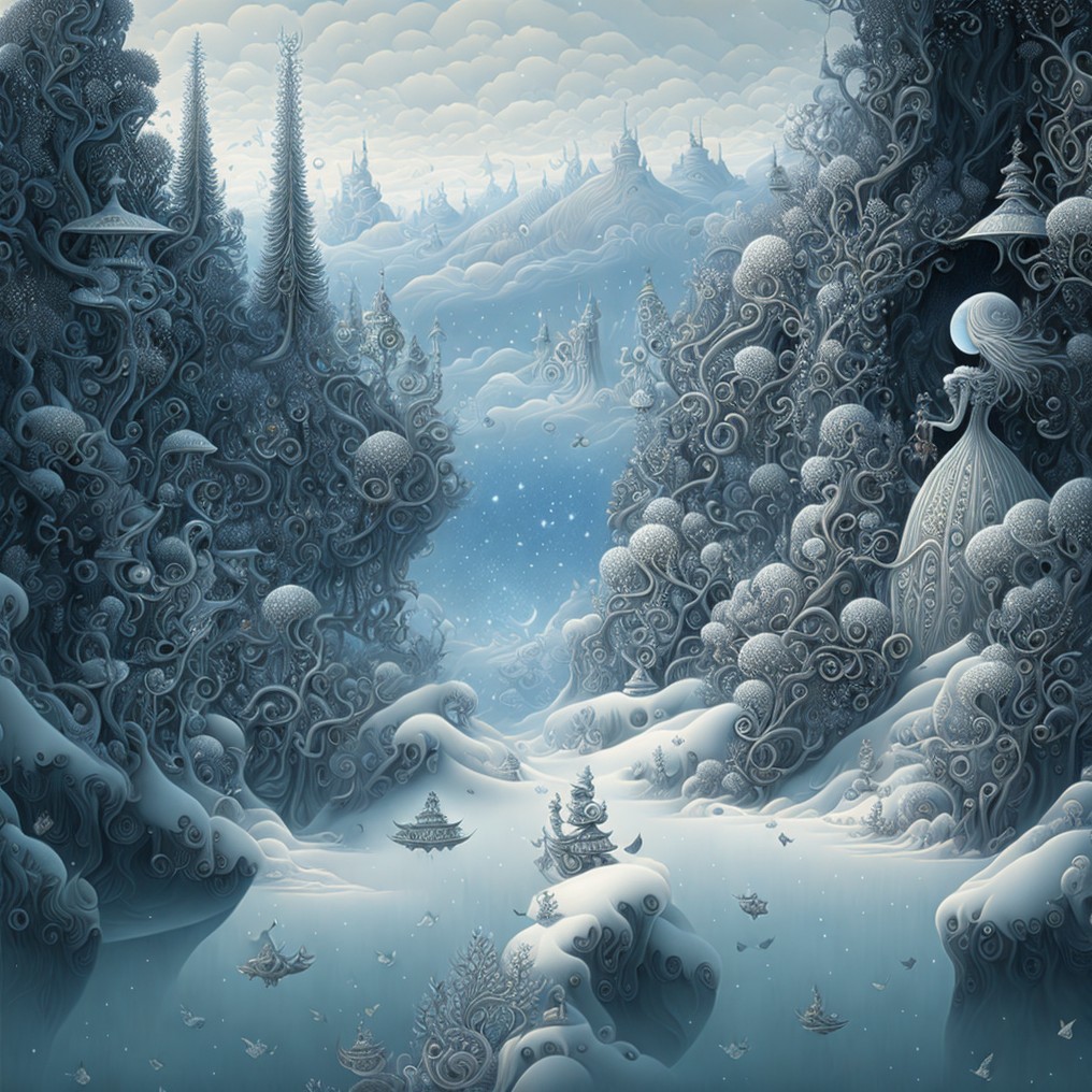 Detailed Monochromatic Winter Landscape Illustration