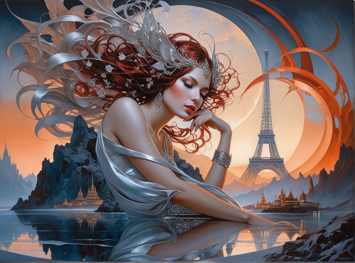 Goddess figure in silver gown against Eiffel Tower twilight